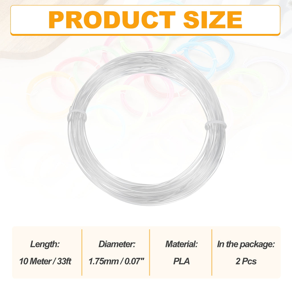 Uxcell 2 Pcs 3D Pen Filament, 1.75mm Dia 33ft Length PLA 3D Printing Pen Filament Refills for 1.75mm 3D Printing Pen, Transparent