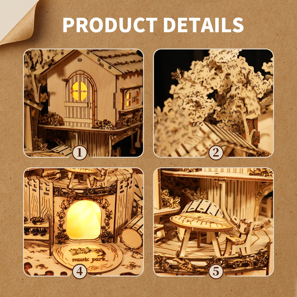 Music Park 3D Wooden Puzzle Treehouse for Adult to Build DIY Miniature Model Kit without LED Home Decor,Christmas and Birthday Gift