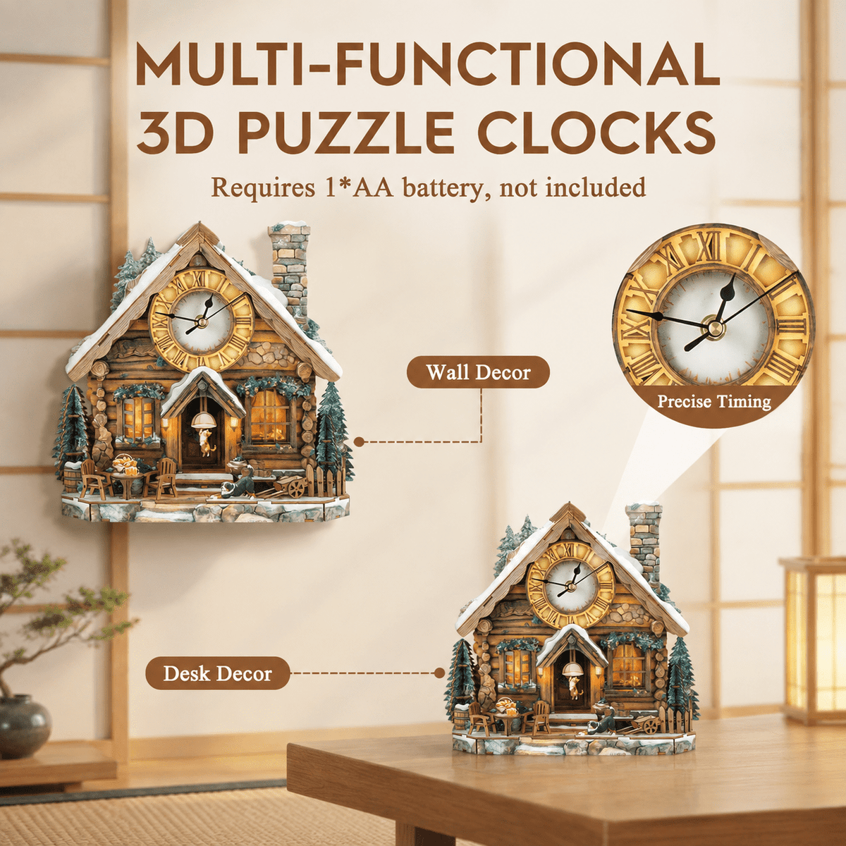 Wooden House Clock 3D Puzzle DIY Mechanical Clock Kit for Adults Teens