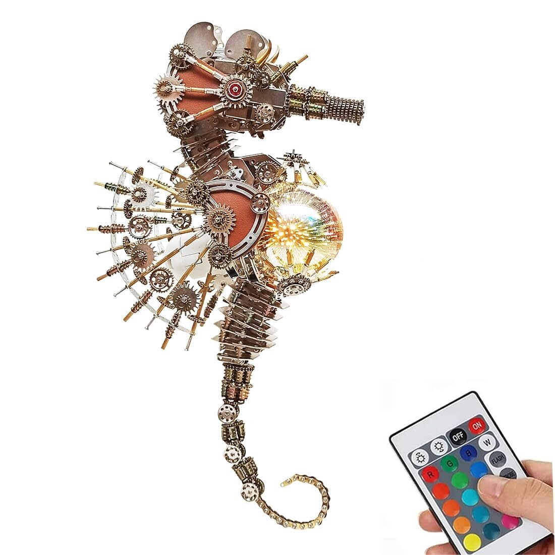 3D Metal Puzzles Steampunk Seahorse Lamp - 2100PCS Mechanical Model Kit with 16 Color Light for Unique Home Decor