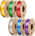 3D Printer Filament Bundle, Silk PLA 6 Colors 1.75mm/250gx6 Spools High Gloss, Super Shiny&Smooth, Beginner-Friendly for DIY, (Gold/Silver/Red/Green/Blue/Purple)