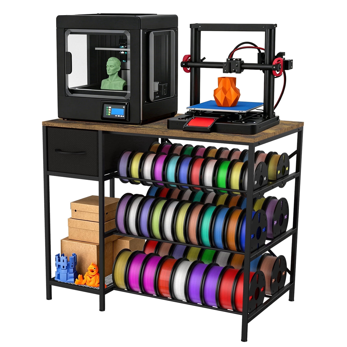 3D Printer Stand with Large Filament Storage – 4-Tier 3D Printer Filament Storage Rack with Drawer, Heavy Duty 3D Printer Table Desk for Home, Workshop, Office, Studio, Classroom, Garage