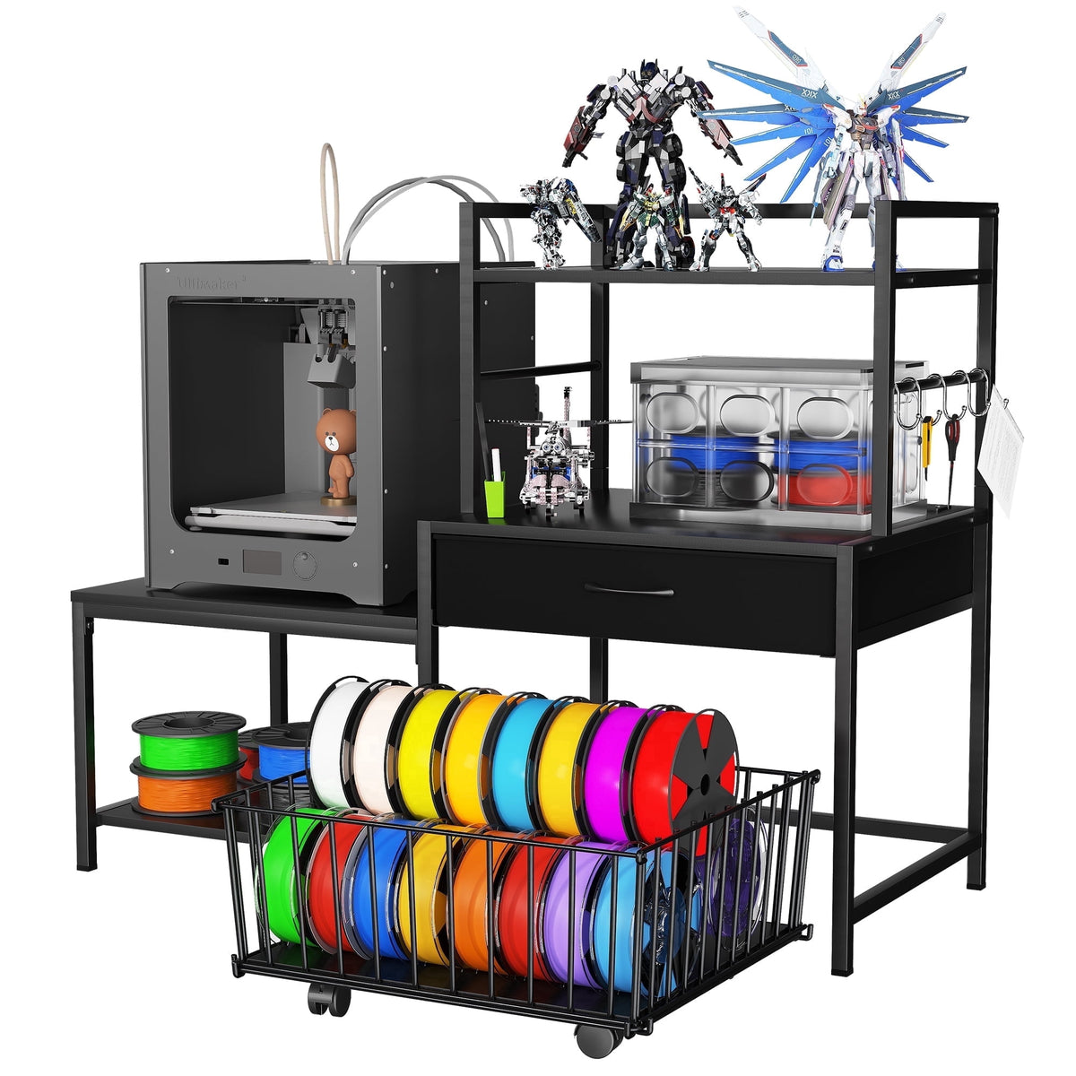 Heavy Duty 3D Printer Stand with Storage Shelf and Drawer, Industrial Rolling Printer Rack for 3D Printer Filament and Tools, Sturdy Metal Frame Printer Table for Home Office Workshop