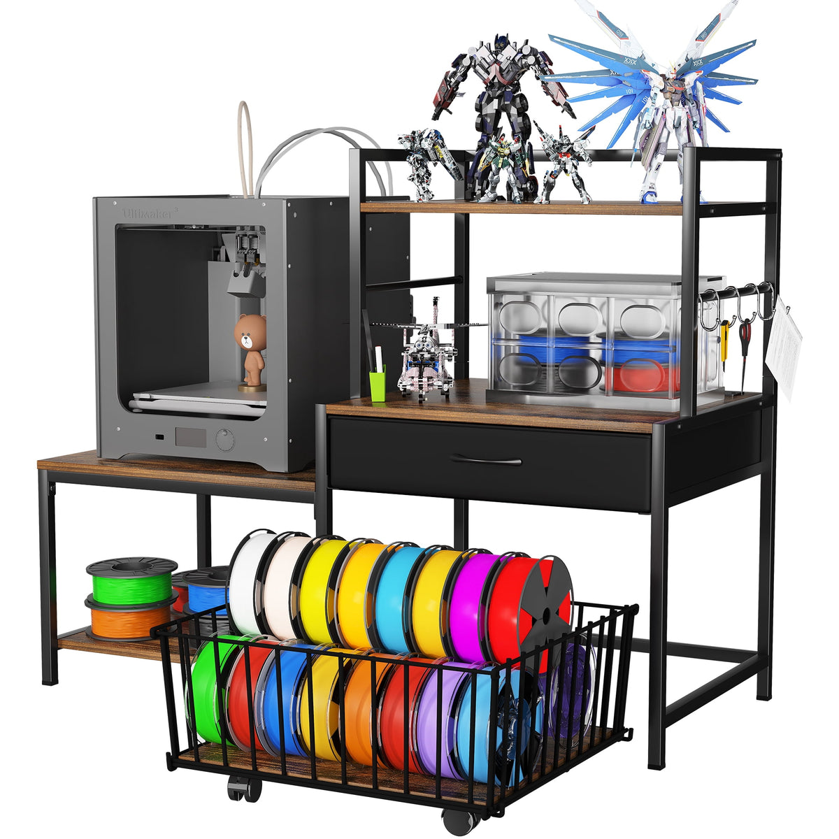Heavy Duty 3D Printer Stand with Storage Shelf and Drawer, Industrial Rolling Printer Rack for 3D Printer Filament and Tools, Sturdy Metal Frame Printer Table for Home Office Workshop