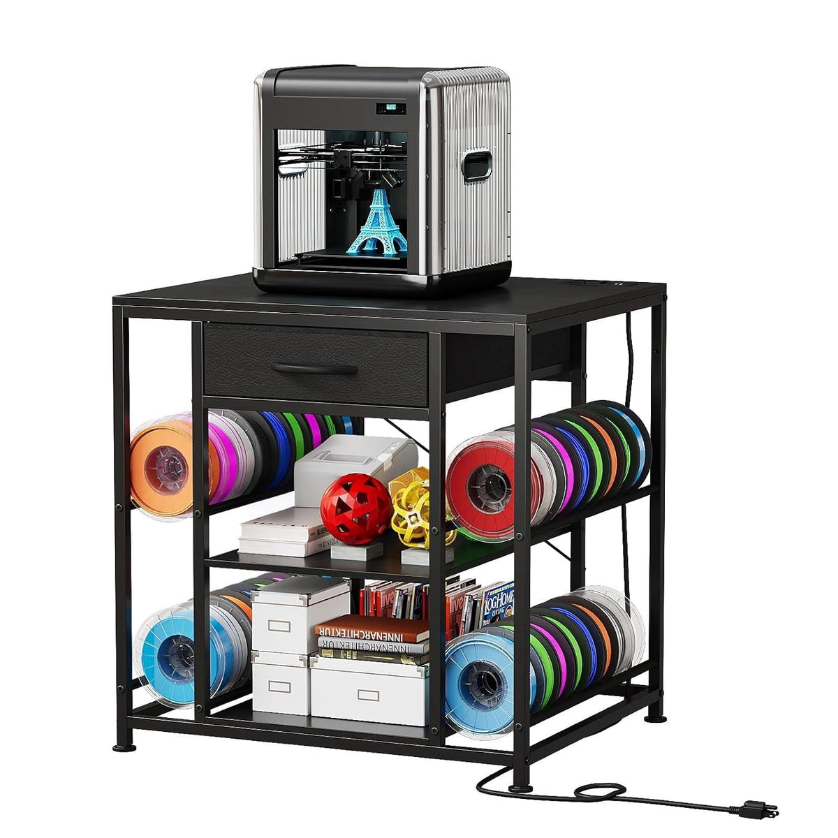 3D Printer Table with Filament Storage Rack & Drawer Organizer | 28-Spool Holder Rack,Anti-Shake Desk,Heavy duty,Anti-Vibration Feet, for home studio, office