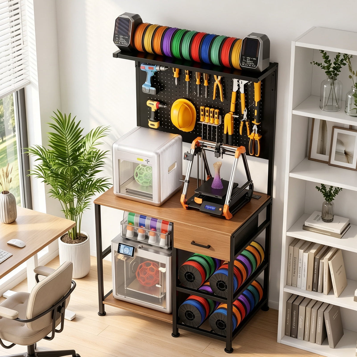 3D Printer Workstation with Filament Storage, Drawer, Pegboard, Hooks, LED Lights & Charging Station for Home Studio Garage,Without LED