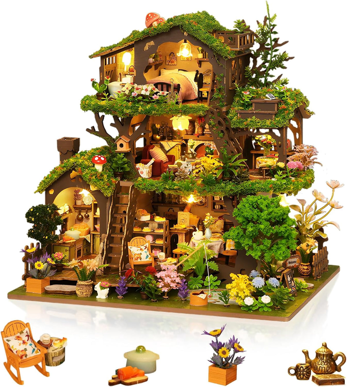 3D Puzzles for Adults, Fairy-Tale Treehouse Book Nook Kit, Wooden DIY Miniature House Kit for Bookshelf Decor,Creative Crafts for Women, Friends & Hobbyists