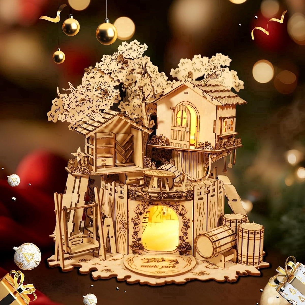 Music Park 3D Wooden Puzzle Treehouse for Adult to Build DIY Miniature Model Kit without LED Home Decor,Christmas and Birthday Gift