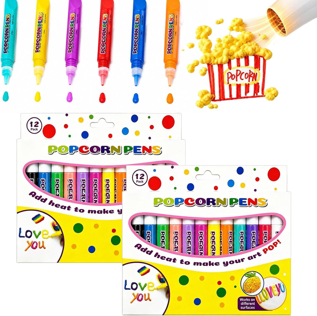 3D Relief Art Pen, Popcornpens Works On Different Surfaces（12 color,2pcs）