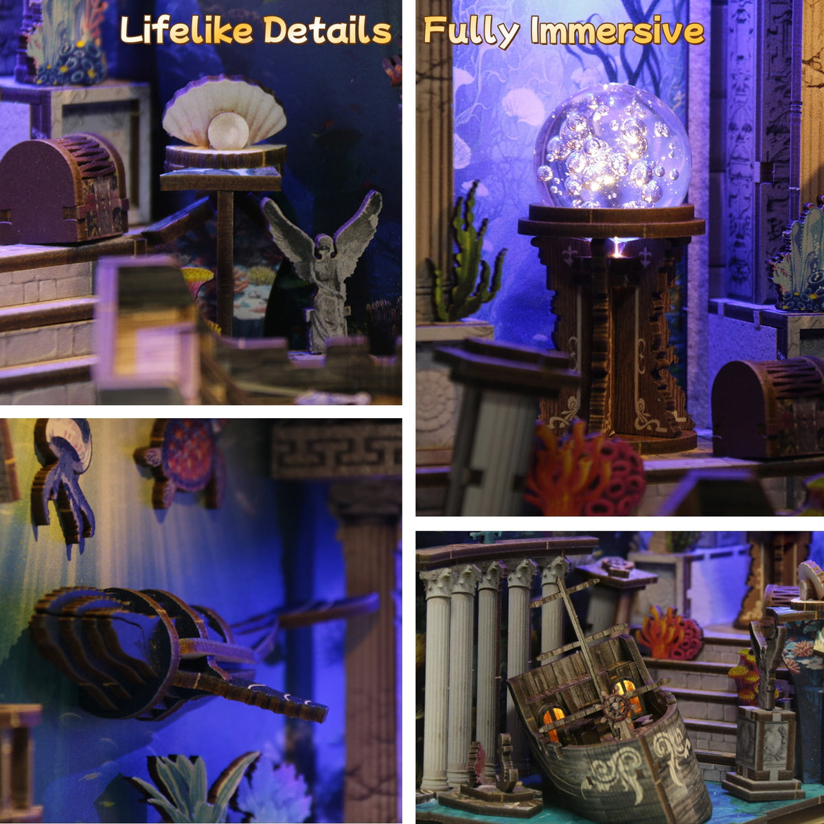 DIY Book Nook Kit, Mysteries Beneath the Sea 3D Wooden Puzzle with LED Light, Bookshelf Craft Kit for Adults Teens (14+)