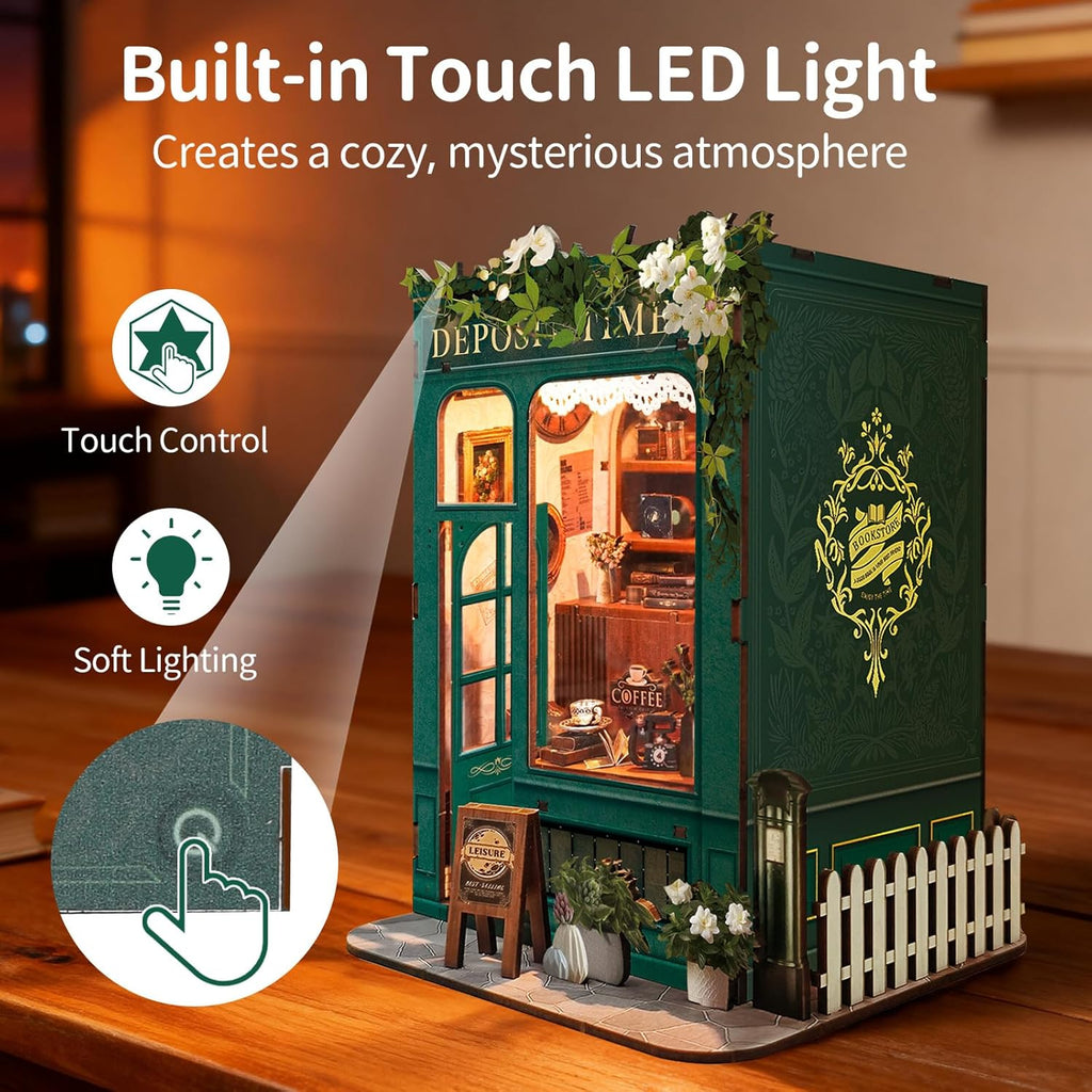 Book Nook Kit, DIY Miniature Dollhouse Kit, 3D Wooden Puzzle for Adult and Teens, Booknook Bookshelf Decor Craft with LED Light, Gifts for Women Teens and Puzzle Lovers