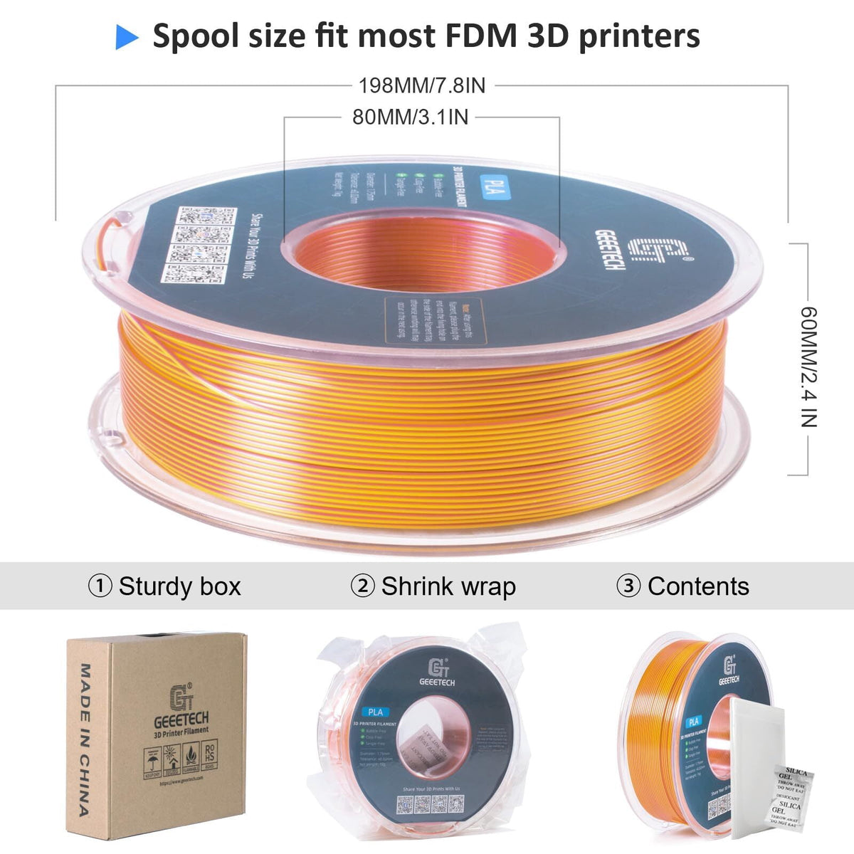 Geeetech Anti-silk type 3D Printer PLA Filament 1KG Toughness Enhanced Filament with 1.75mm Dimensional Accuracy +/-0.03mm, 1080 Feet per Roll, Vacuum Packaging Two-tone gold copper