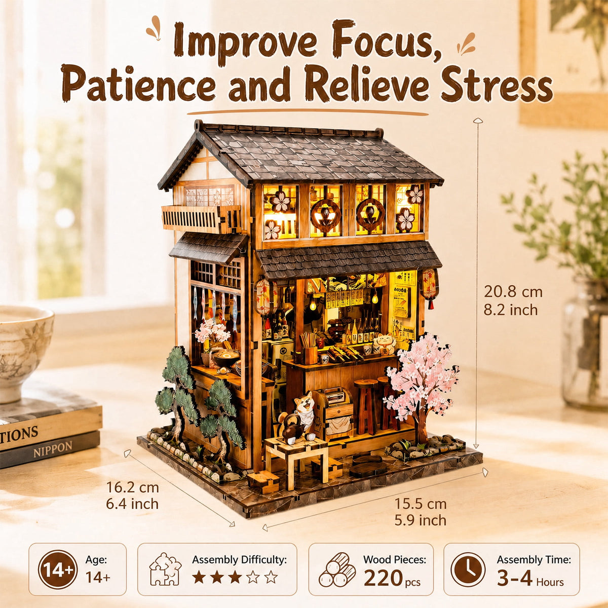 MOJINO Book Nook Kit for Adults, DIY Miniature House Kit Yakitori Grill House, 3D Wooden Puzzle with LED Light, Japanese Bookshelf Decor Craft Kit