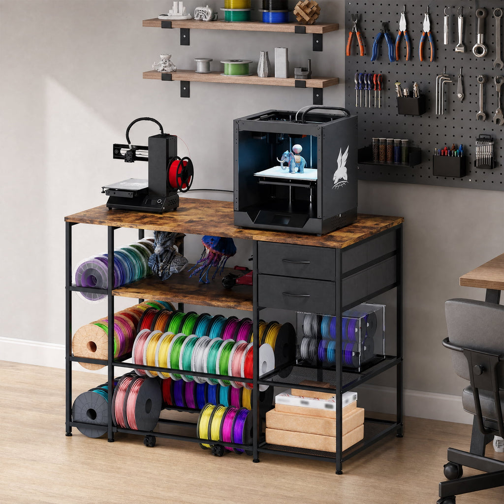 Advwin 47" Heavy Duty 3D Printer Stand with Power Outlet, Pull-Out Rolling Filament Storage Rack, 2 Fabric Drawers & Open Shelves, 3D Printer Table Workstation for Home Office Studio, Black