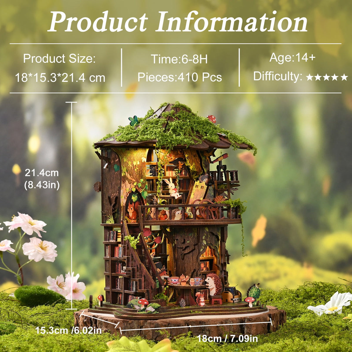 DIY Book Nook Kit with LED Light,Forest Tea Book Club Miniature House Bookshelf Insert Decor, 3D Wooden Puzzle Dollhouse Craft Kit for Adults Teens, Book Lover Gift