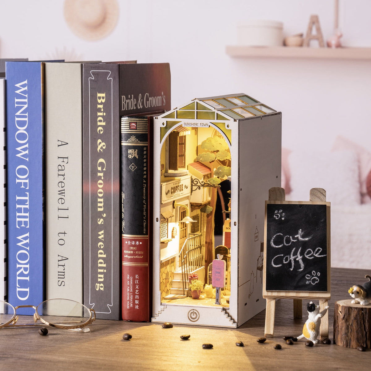 Robotime Sunshine Town DIY Book Nook Kit, Wooden 3D Puzzle Building Sets for Bookshelf Decor, Gifts for Adults Teens
