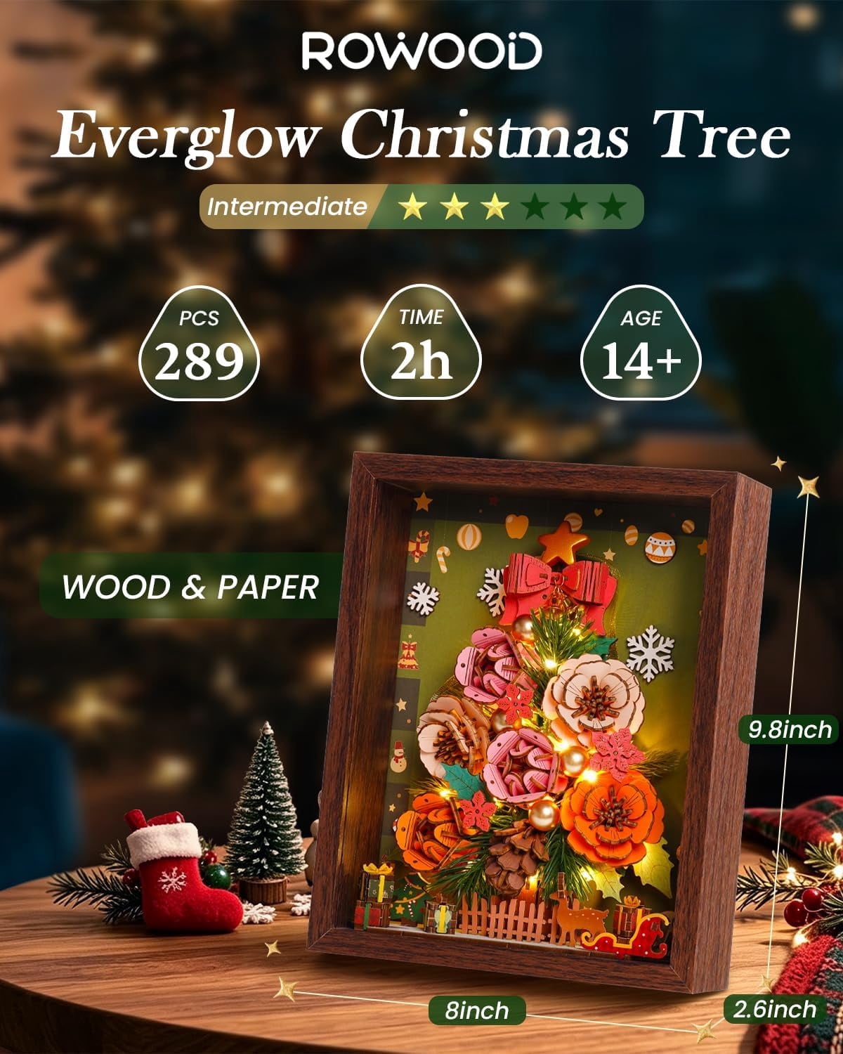 ROWOOD Everglow Christmas Tree, Flower 3D Wooden Puzzle with LED Lights, DIY Holiday Botanical Decoration for Adults Xmas Gift