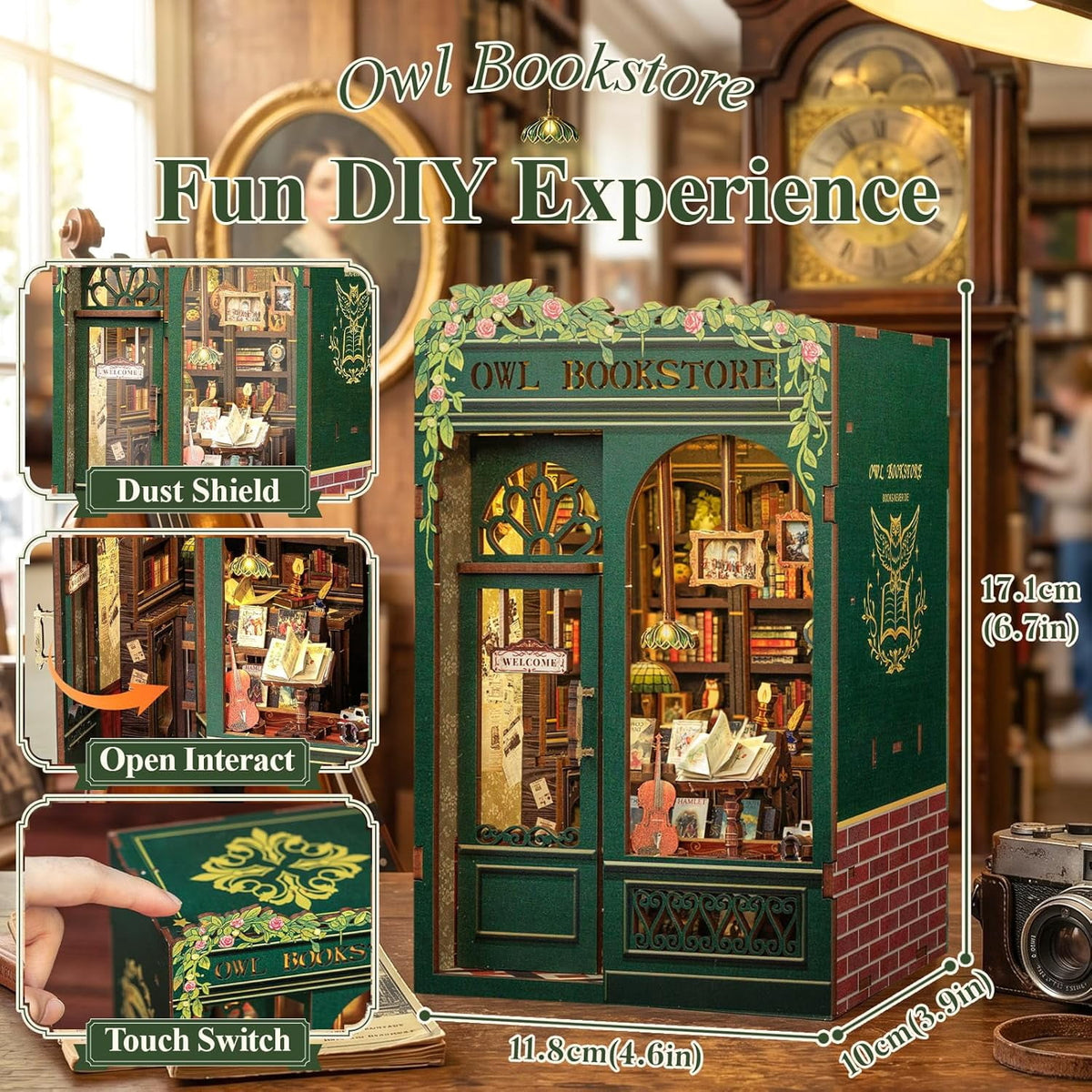Book Nook Kit, 3D Wooden Mini Book House Puzzle, Handmade DIY Owl Bookstore, Miniature Landscape Bookend