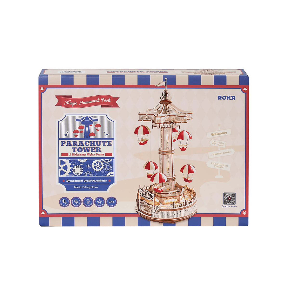ROKR 184Pieces 3D Wooden Puzzle Parachute Tower DIY Music Box Gift for Birthday Children Adult