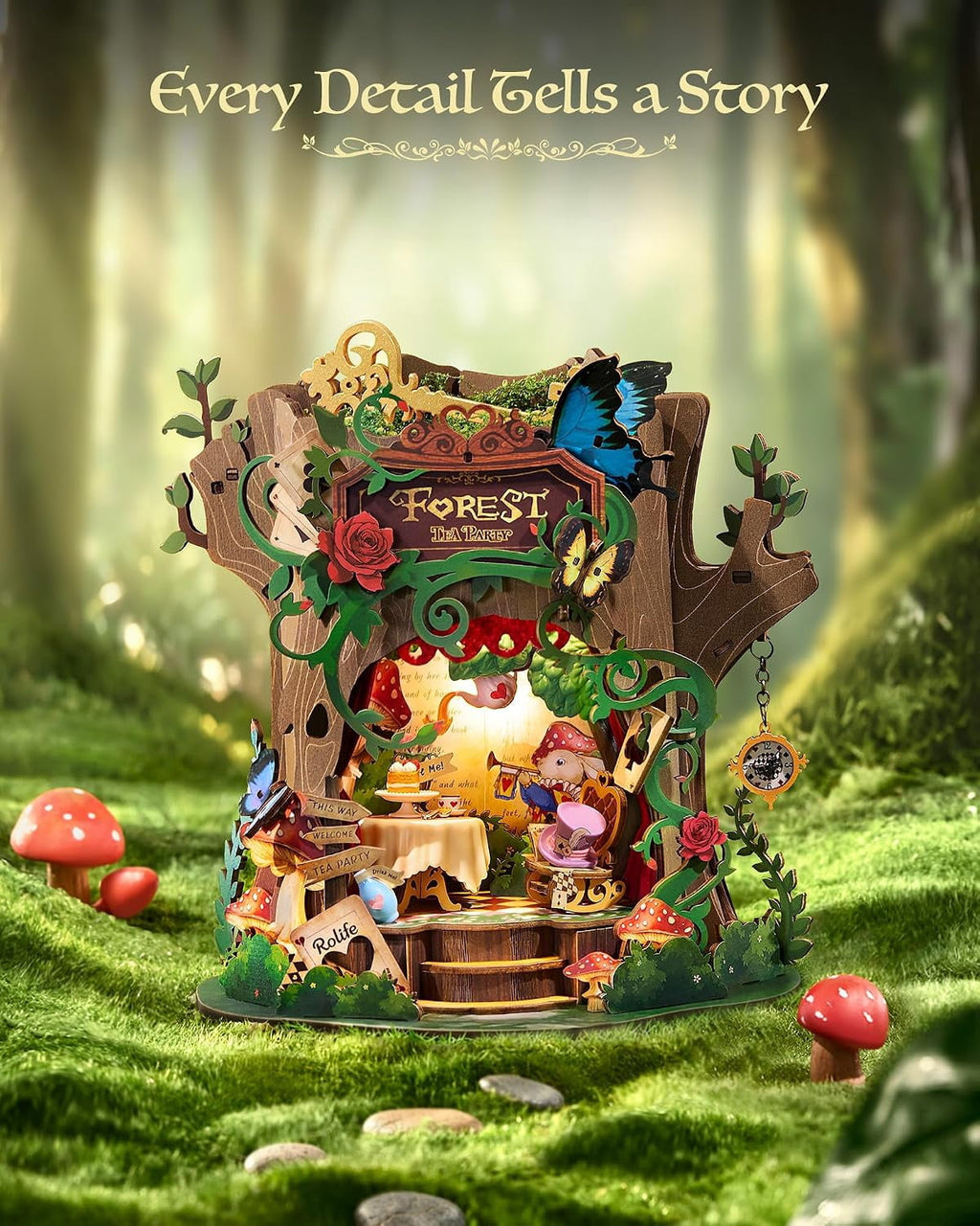 Rolife Forest Tea Party DIY Music Box, 3D Wooden Puzzle with Moving Table and Chair, Forest Tea Party Scene Decor for Adults