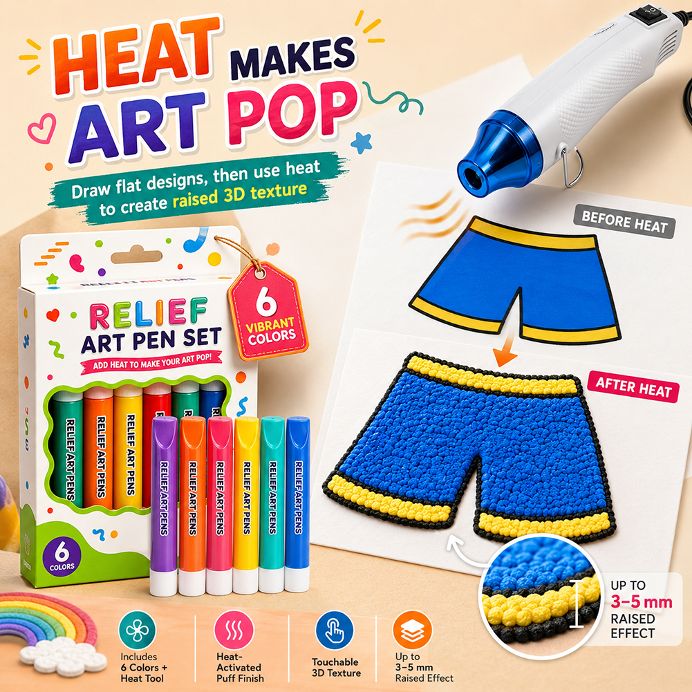 Relief Art Pen Popcorn Puffy Pens on Different Surfaces DIY Magic Drawing Pen Included Heater Tool Create Raised Bubble Markers for Crafts