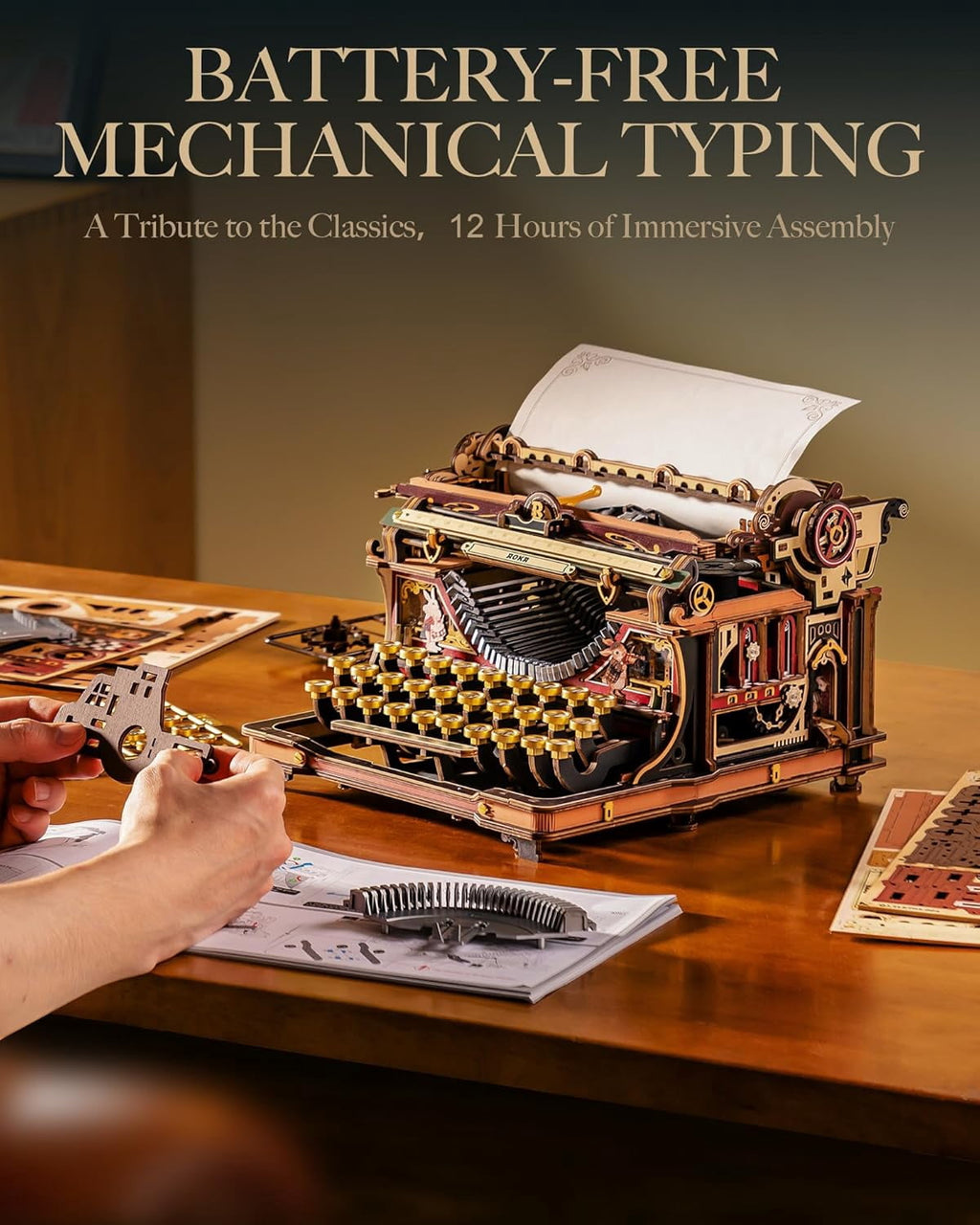 Robotime 3D Wooden Vintage Typewriter Puzzle, Mechanical Model Building Kit 320 Pieces LK703B