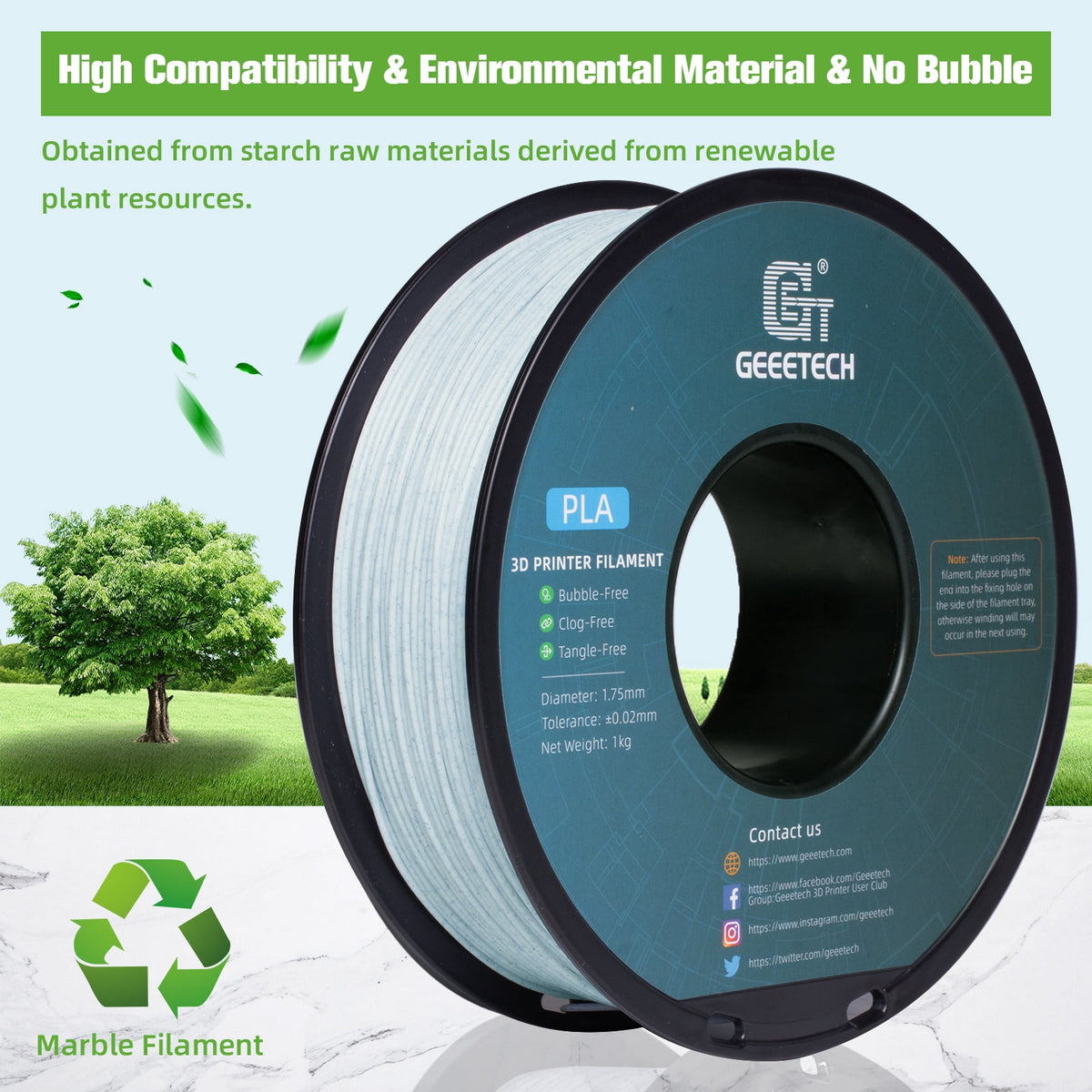 Geeetech Marble blue PLA 3D Printer Filament 1.75mm Toughness Enhanced, Dimensional Accuracy +/-0.03mm, 1kg (2.2lbs) , 1080 Feet （330m）per Roll, Fit for Most 3D FDM Printer
