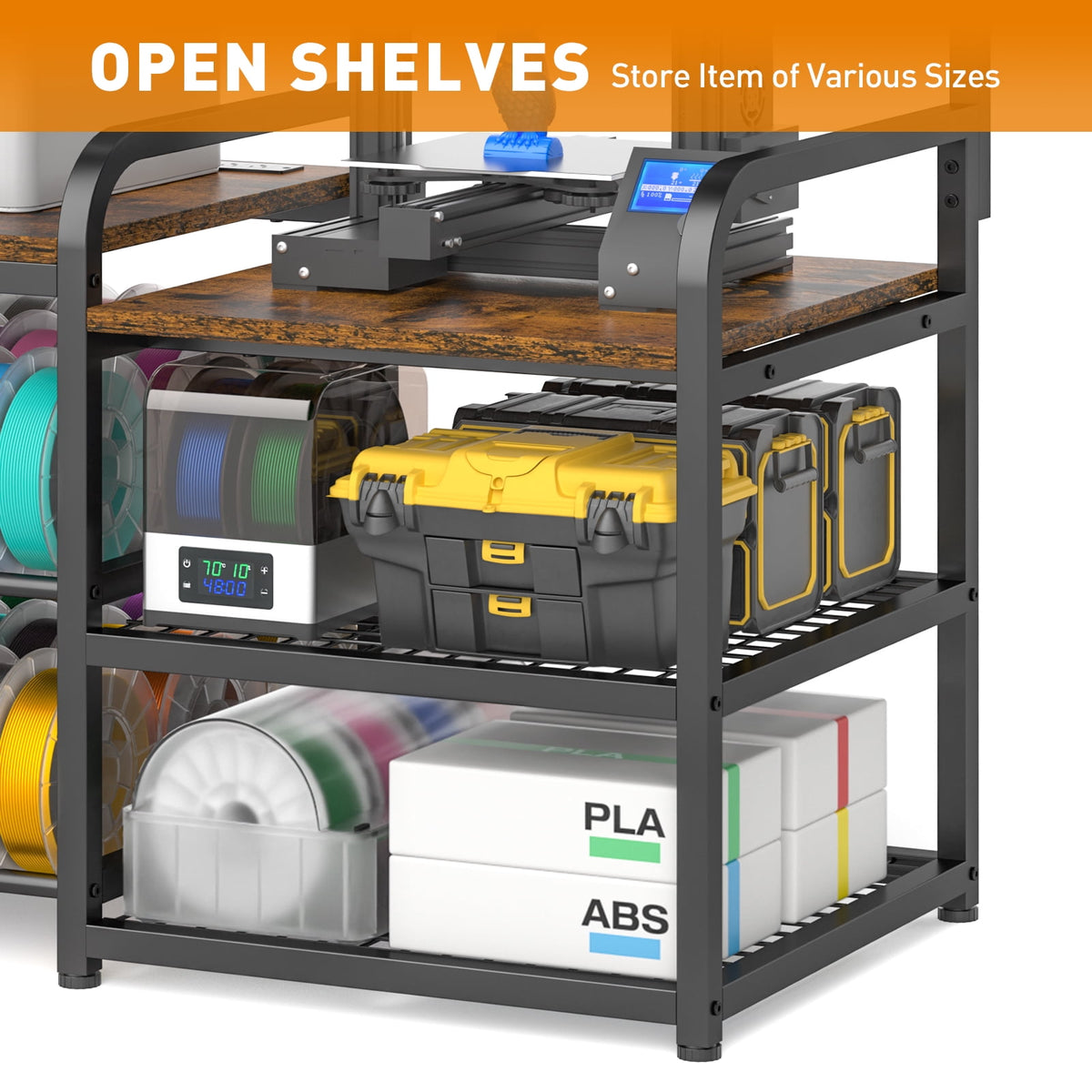 3D Printer Table with 4-Tier Filament Storage Rack and Power Outlet