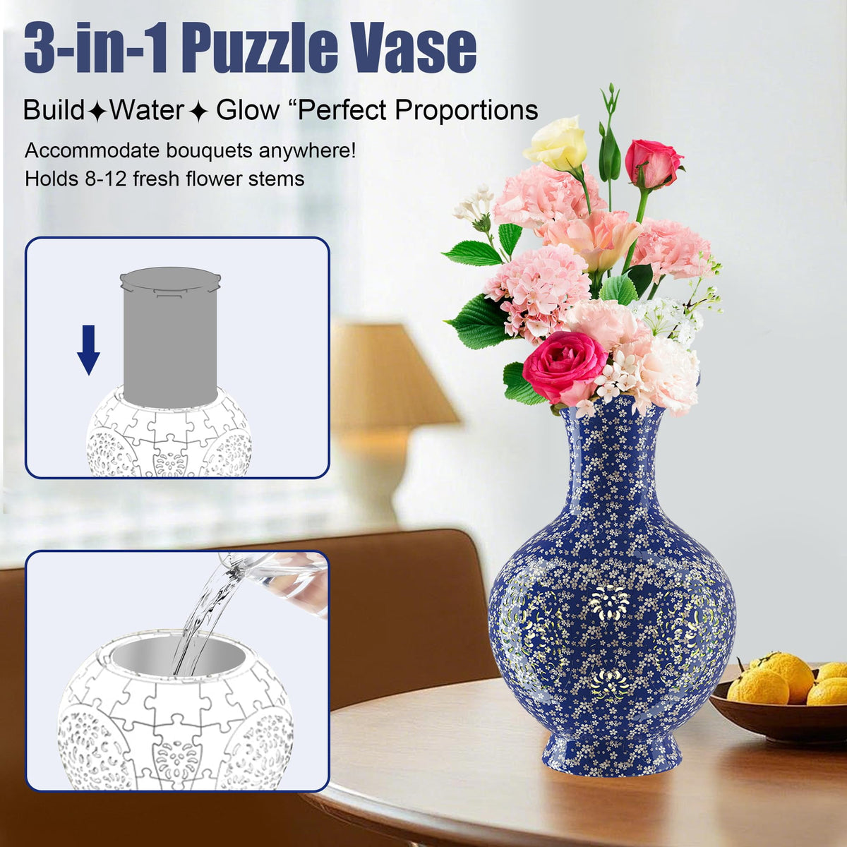 3D Vase Puzzle with Lighting ,200Pieces 3D Puzzles for Adults,Vase Puzzle for Home Decor,Christmas Birthday Gifts
