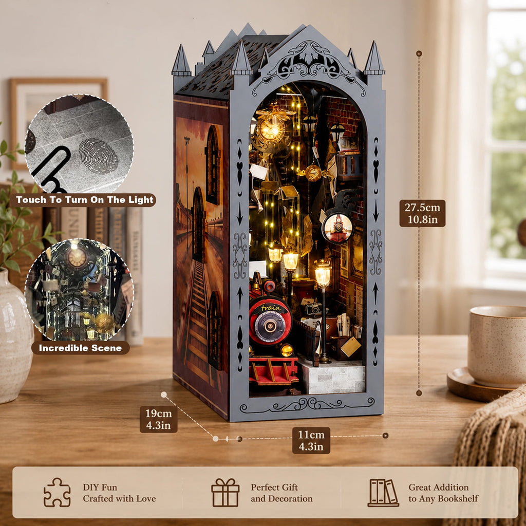 MOJINO DIY Book Nook Kit with LED Light, Train Station Miniature House Kit, 3D Wooden Puzzle Bookshelf Insert Bookend, DIY Dollhouse Book Nook Decor for Adults and Teens