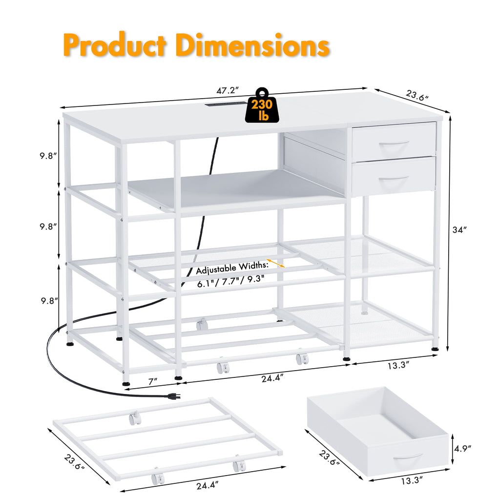 Advwin 47" Heavy Duty 3D Printer Stand with Power Outlet, Pull-Out Rolling Filament Storage Rack, 2 Fabric Drawers & Open Shelves, 3D Printer Table Workstation for Home Office Studio, Black