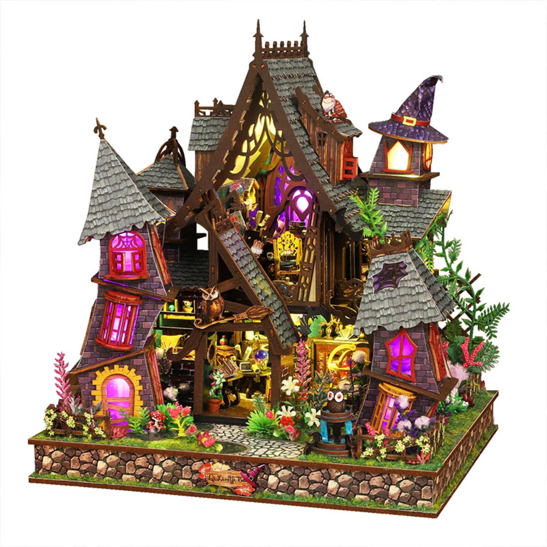 400PCS DIY Magic Castle House Model Kit, Wooden 3D Puzzle Miniature Assembly Building Set With LED Display Decor For Collectors