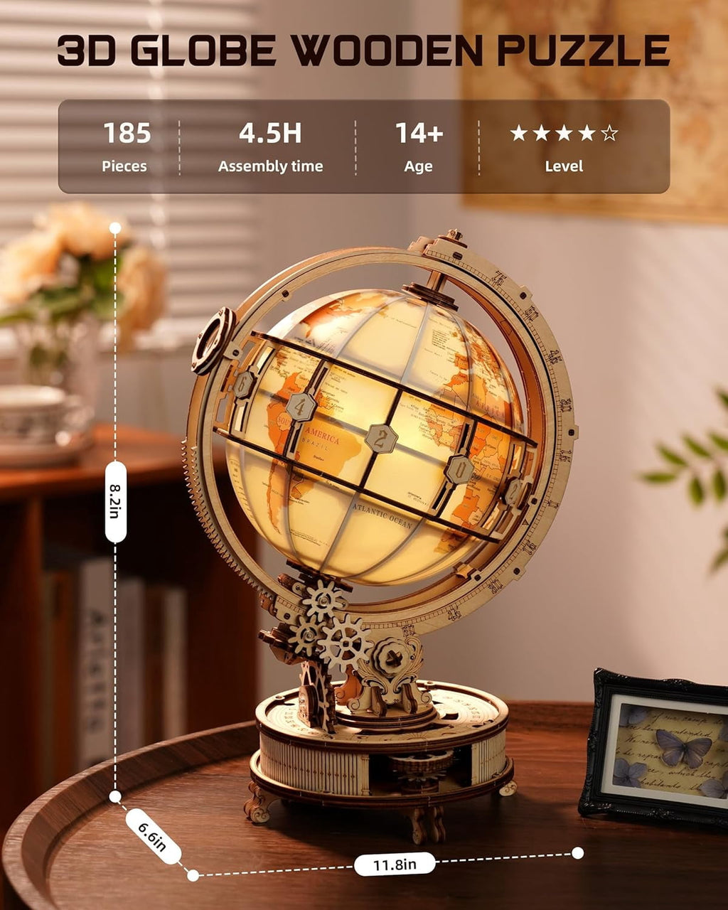 Robotime Illuminated Rotating Globe Wood 3D Puzzle with Night Light, Creative Gift For Adults & Teens 14+, 185 Pieces