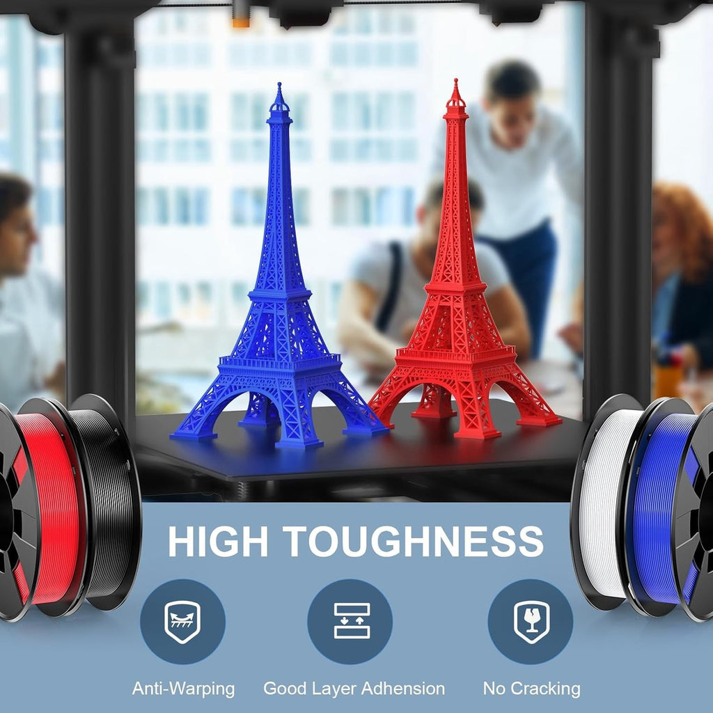 Printer Filament Pack 250g X 4 Spools, 1.75mm PLA Filament Printing Material, Bright Color Black/White/Red/Blue, PLA Filaments for FDM Printers