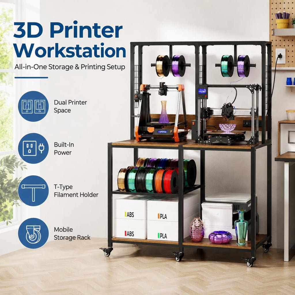 Heavy Duty 3D Printer Stand with Filament Storage Rack, Mobile 3D Printer Workbench with T-Shaped Filament Spool Holder, Lockable Wheels & Storage Shelves for Home Office Workshop (Style A)