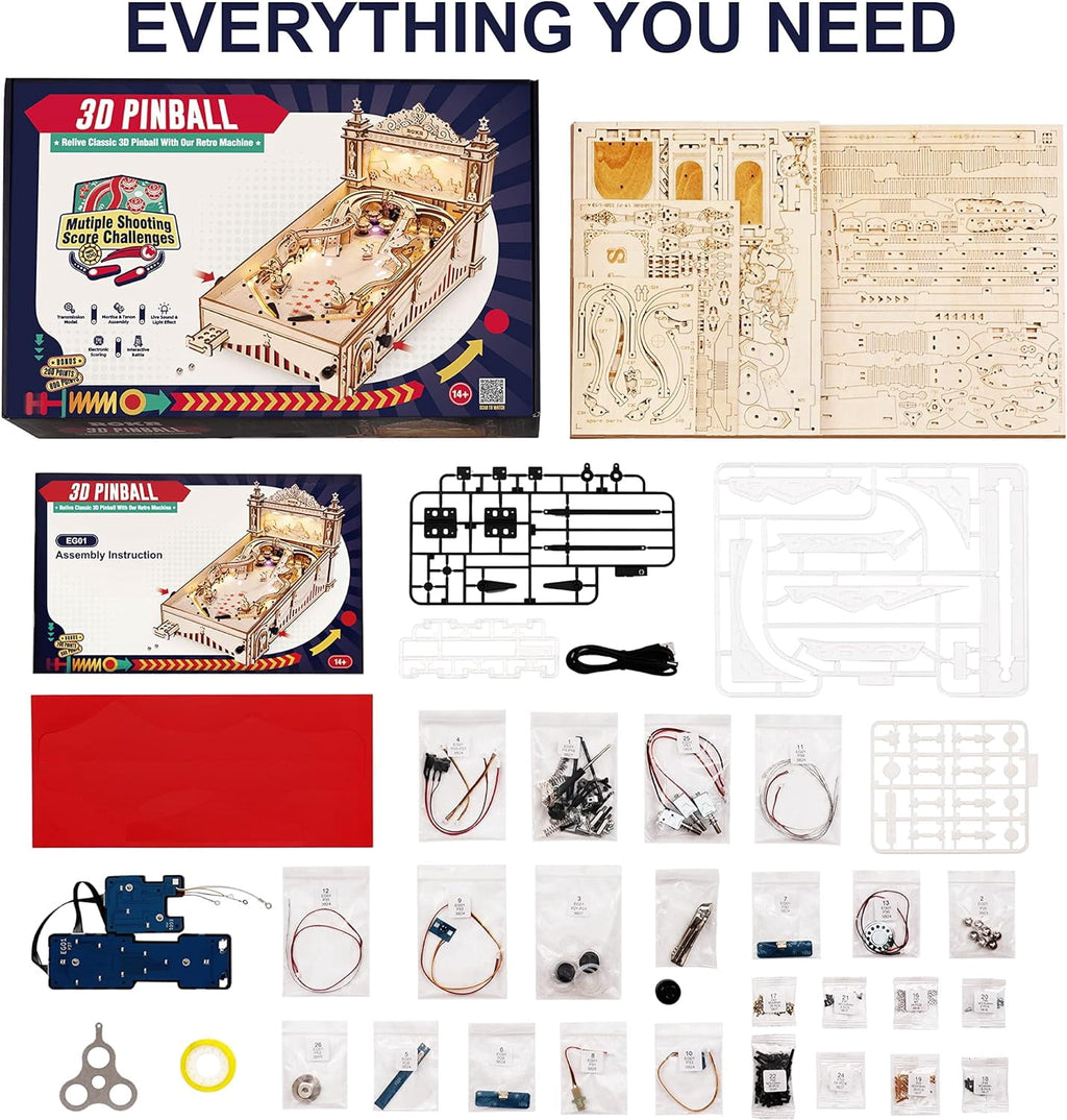 Robotime Pinball Machine Diy Kit, Wooden 3D Puzzles for Adults, Pinball Game, 482 Pieces