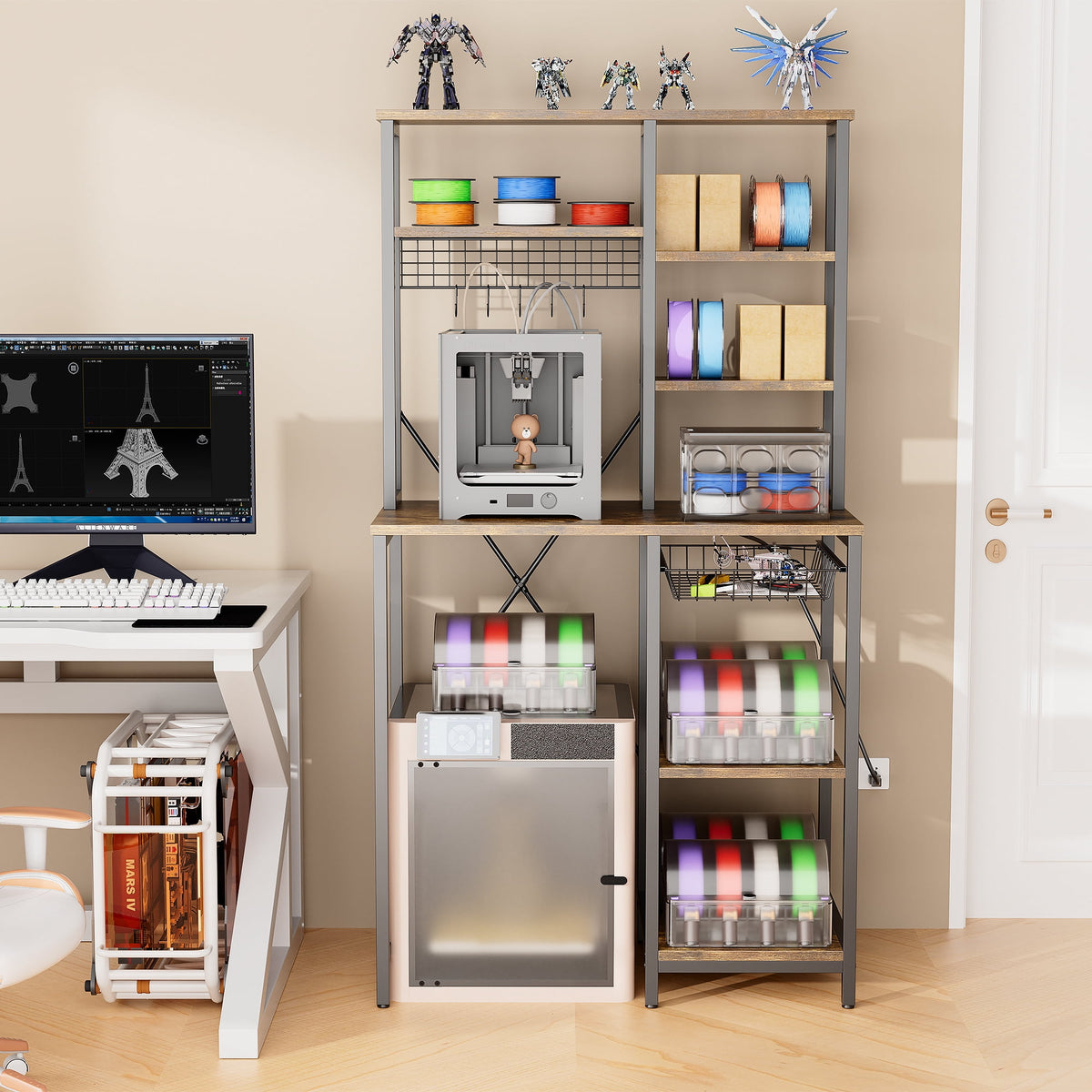 Heavy Duty 3D Printer Stand with Storage Shelf and Drawer, Industrial Rolling Printer Rack for 3D Printer Filament and Tools, Sturdy Metal Frame Printer Table for Home Office Workshop