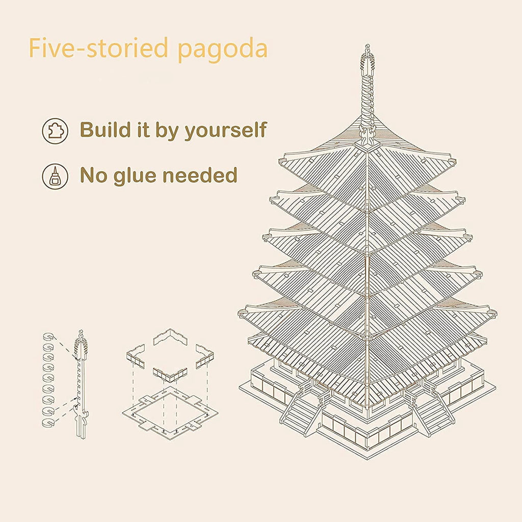 Rolife 3D Puzzles Wooden Model Kits DIY Five-Storied Pagoda Mechancial Building Construction Creative Jigsaw Craft Kits Best Gift for Teens