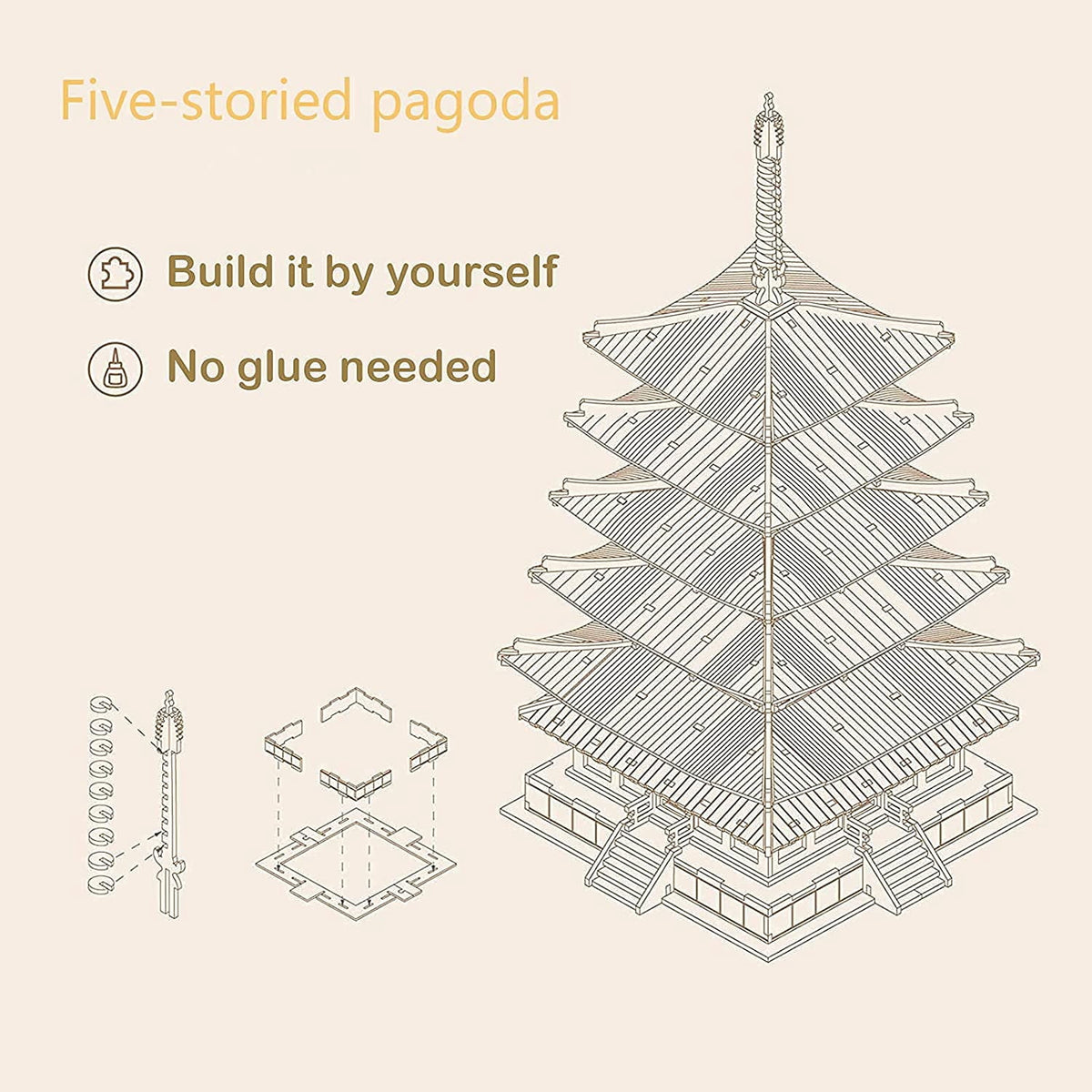 Rolife 3D Puzzles Wooden Model Kits DIY Five-Storied Pagoda Mechancial Building Construction Creative Jigsaw Craft Kits Best Gift for Teens