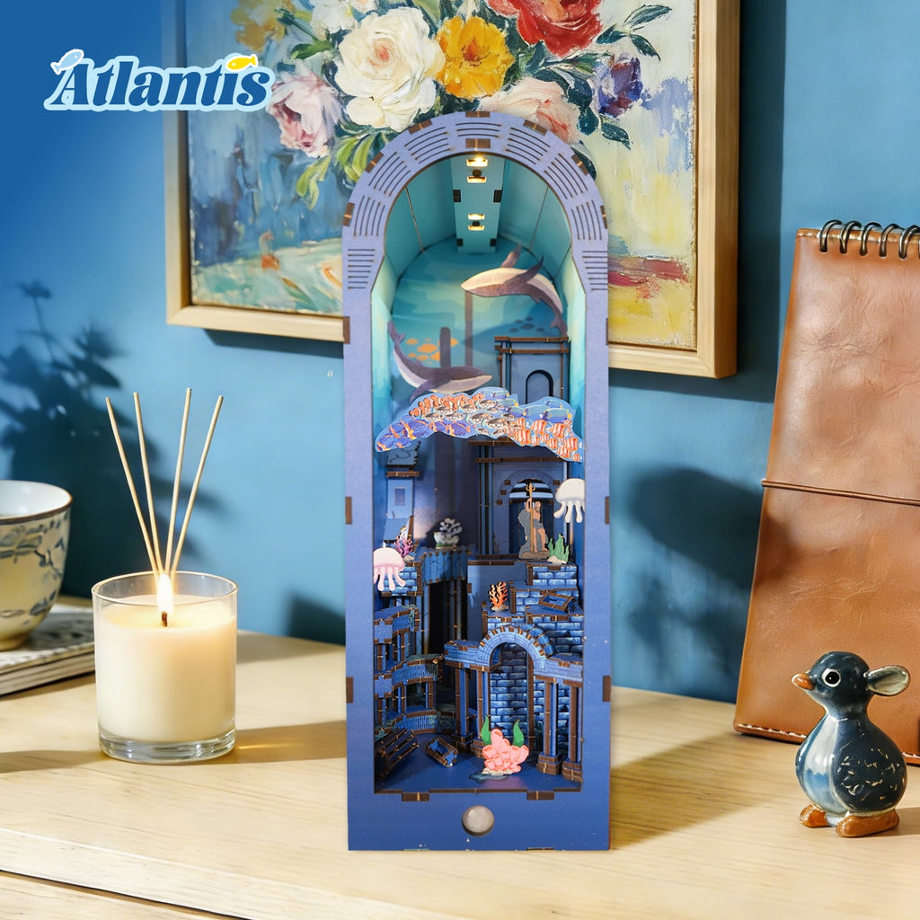 Book Nook 3D Wooden Puzzle for Adults DIY Atlantis Underwater City with Sensor Light Bookshelf Decor Birthday Christmas Gift