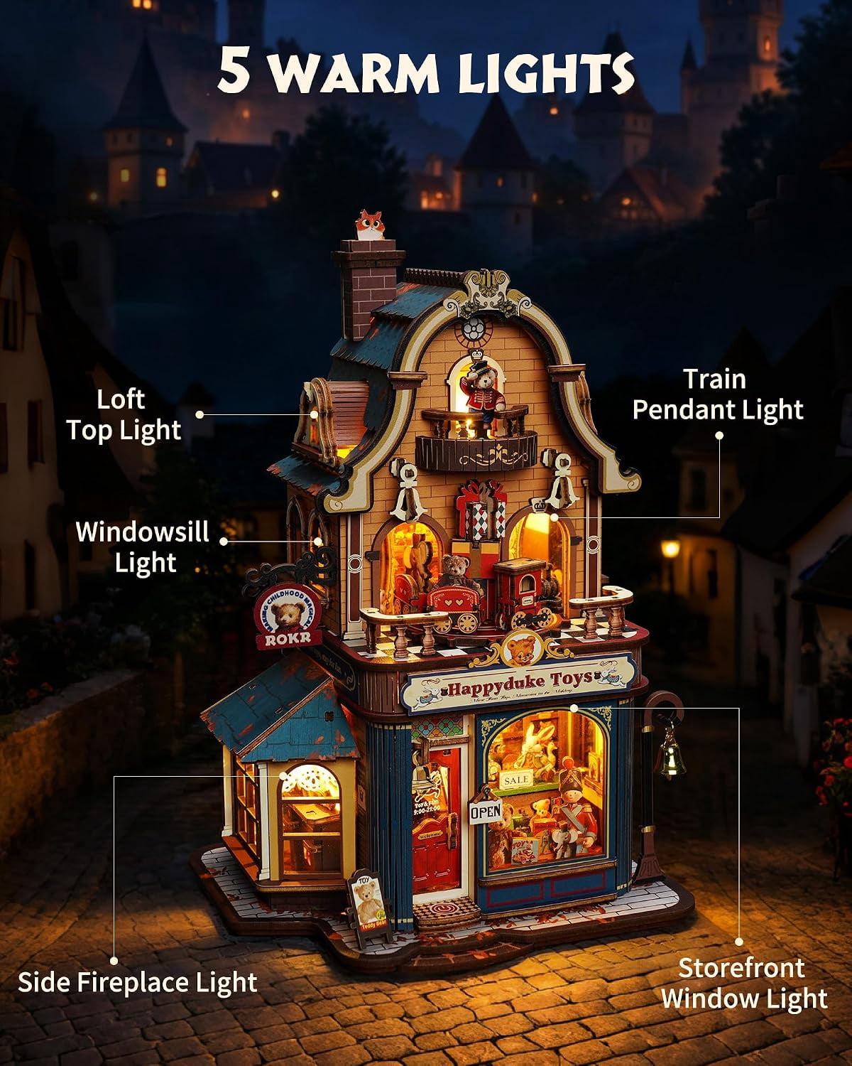 Robotime Happyduke Toy Shop 3D Puzzles for Adults, Diy Wooden Model Kit with Led Light and Music