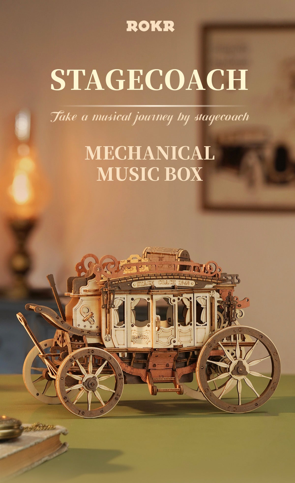 Robotime 3D Wooden Puzzles for Adults Music Box Model Car Stagecoach Toys Gift for Teens Adult