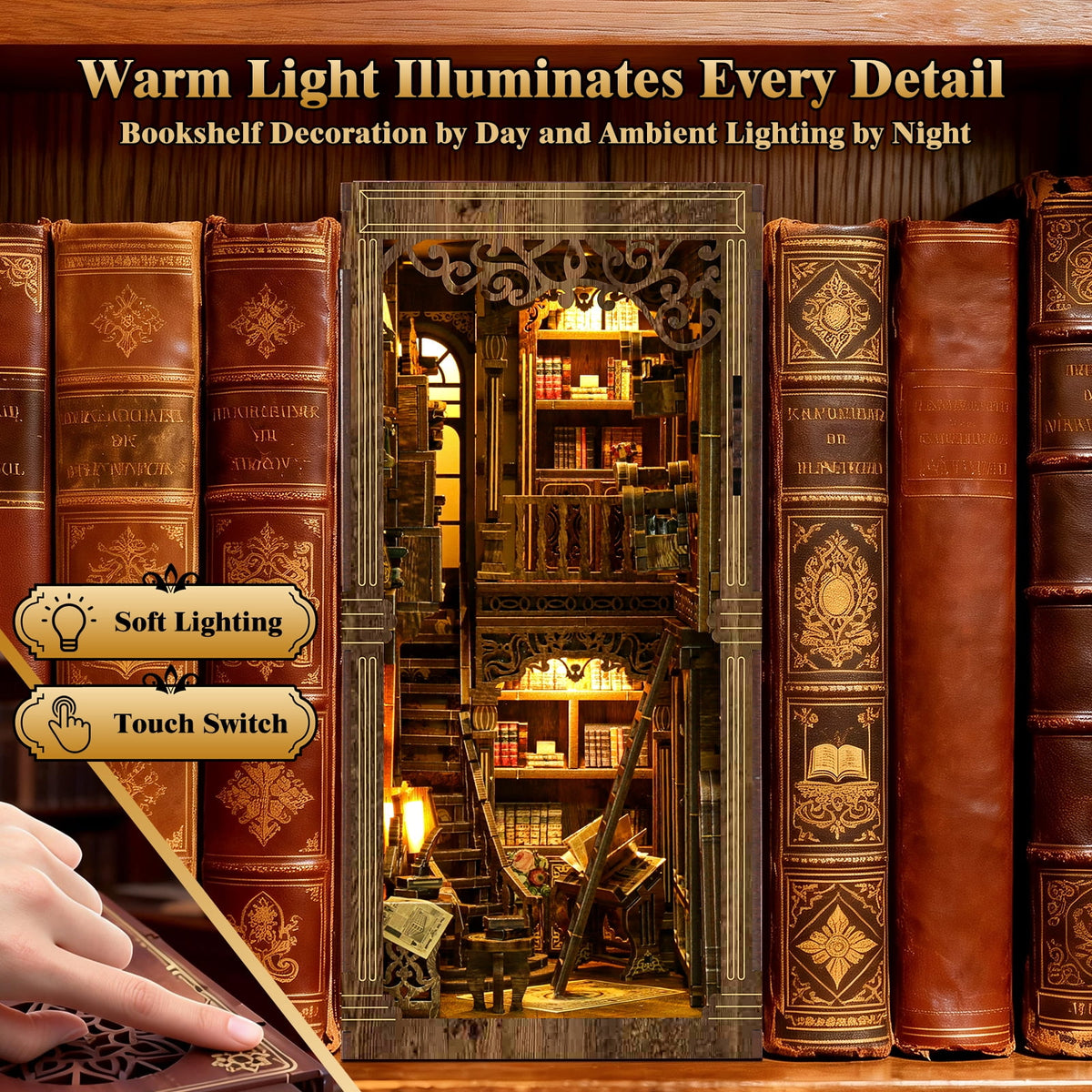 Book Nook Kit for Adults, 3D Wooden Puzzle with LED Light, Ancient Book Collection Model Bookshelf Decor, DIY Miniature MDF Bookshelf Craft Decor