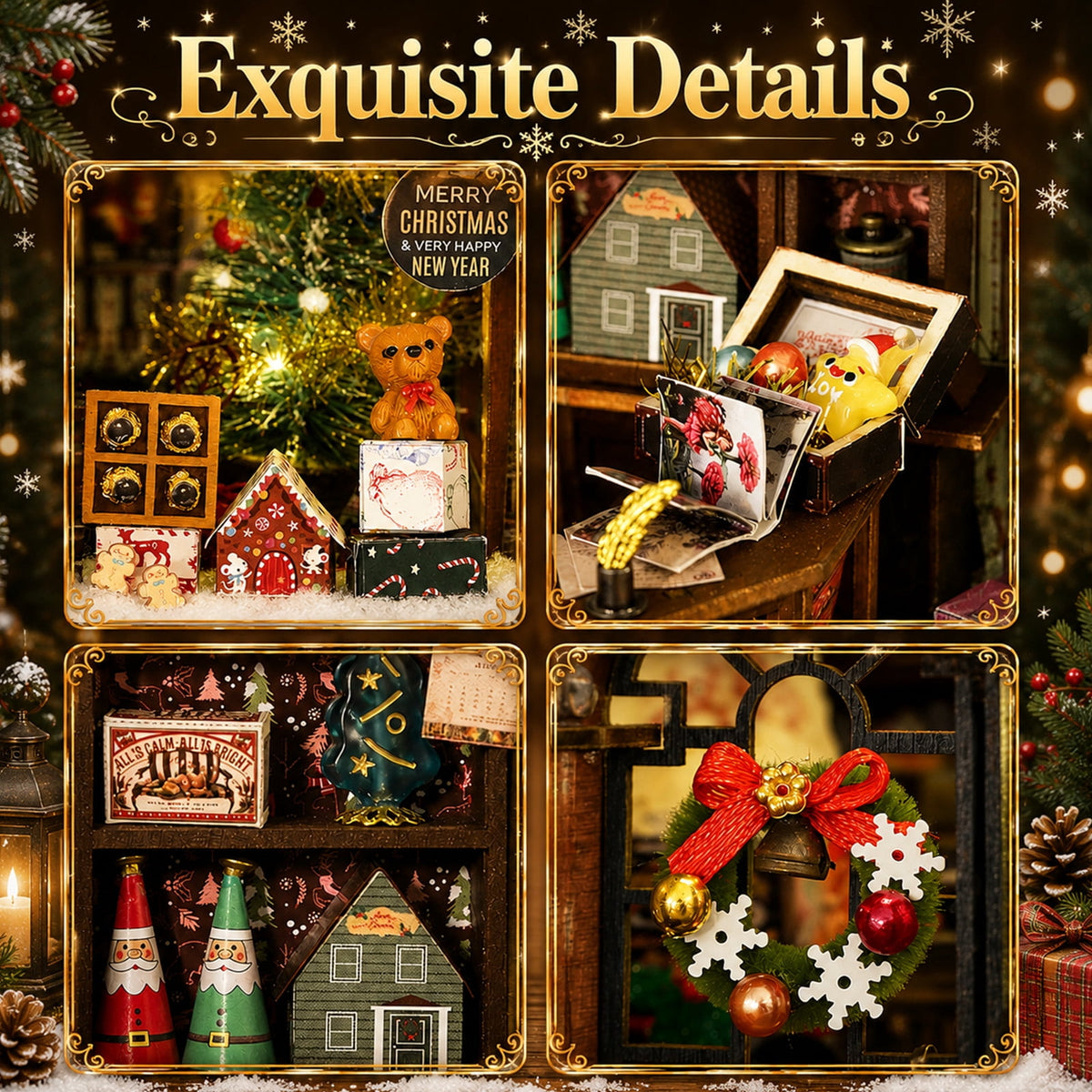 MOJINO Christmas Wonderland DIY Miniature House Kit with LED Lights, Wooden Doll House 3D Puzzle Book Nook Kit for Adults, Christmas Store Miniature Home Decor Gift