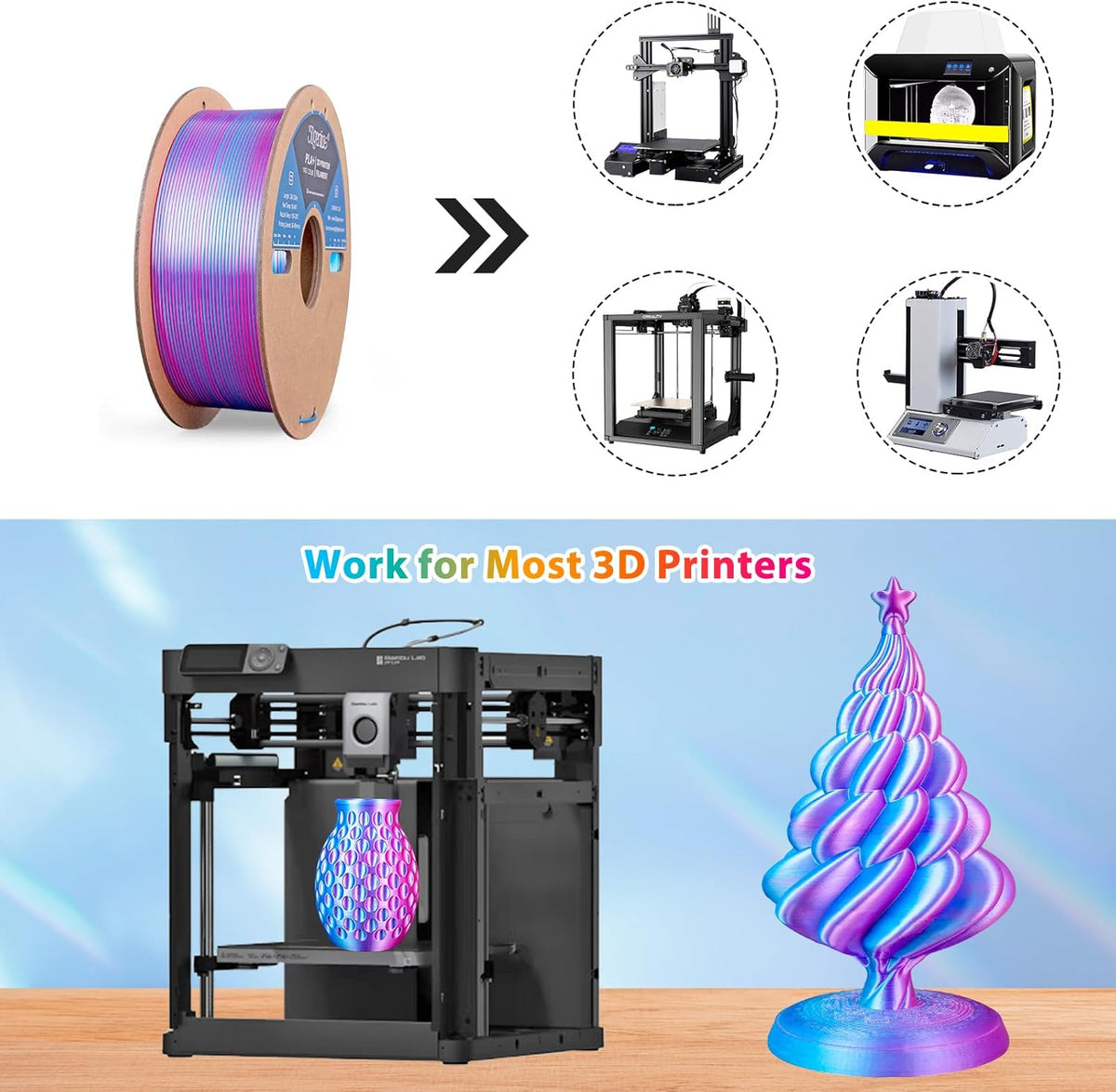 Multicolor 3D Printer Filament,Dual/Tri Color 1.75mm PLA Silk Shiny Printing Filament,250g(0.55lbs) Fit Most FDM 3D Printer