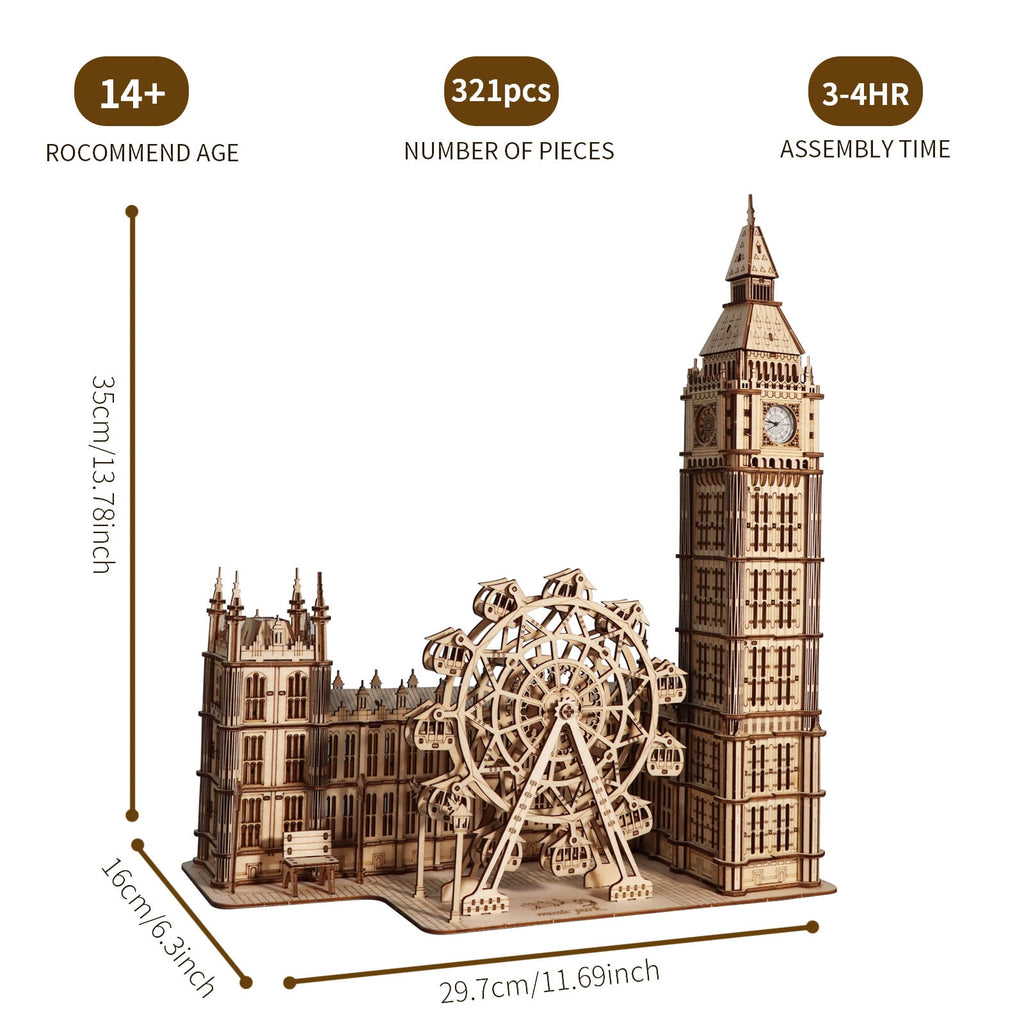 Music Park 3D Wooden Puzzle Big Ben & London Eye Model Kit for Adults Christmas Birthday Gift for Men Women Age 14+