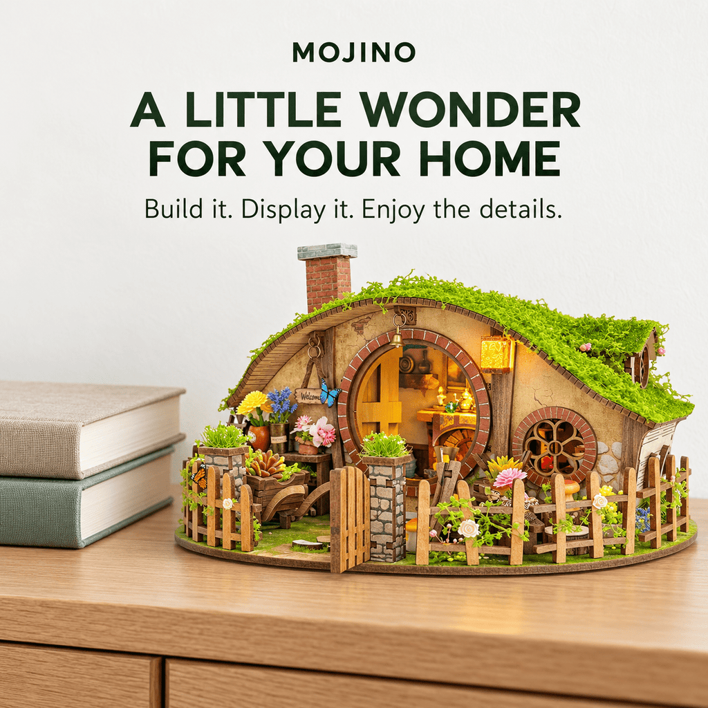MOJINO Book Nook Kit, DIY Miniature House 3D Wooden Puzzle, 193-Piece Magic Ring House with LED Lights, Christmas Gift