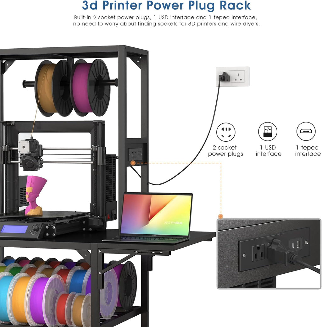 Black Metal 3D Printer Stand with Storage Rack, Wheels, and T-Shaped Spool Holder, 28.7x23.2x65.4 in