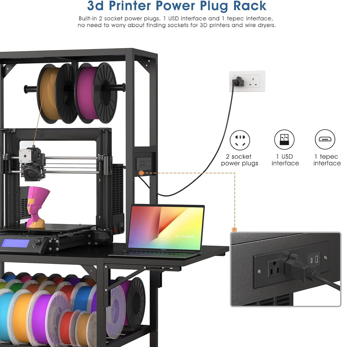 Black Metal 3D Printer Stand with Storage Rack, Wheels, and T-Shaped Spool Holder, 28.7x23.2x65.4 in