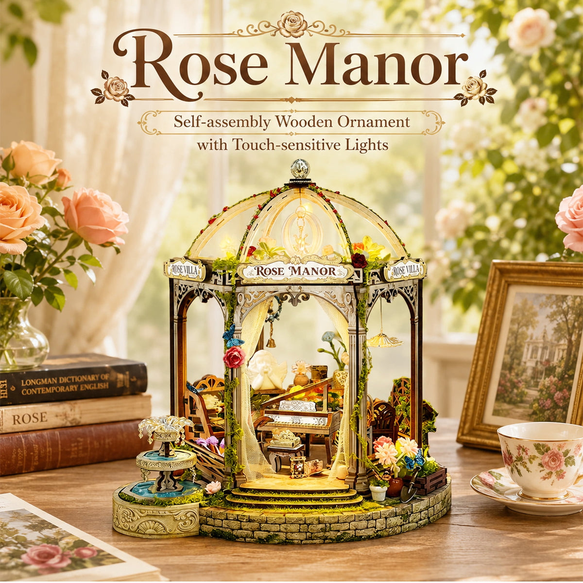 MOJINO Wooden DIY Miniature House Kit with LED Lights, Book Nook Kit for Adults, 3D Wooden Puzzle Miniature House Kit, Romantic Garden Style, Pre-Cut Craft Model Gift for Ages 14+